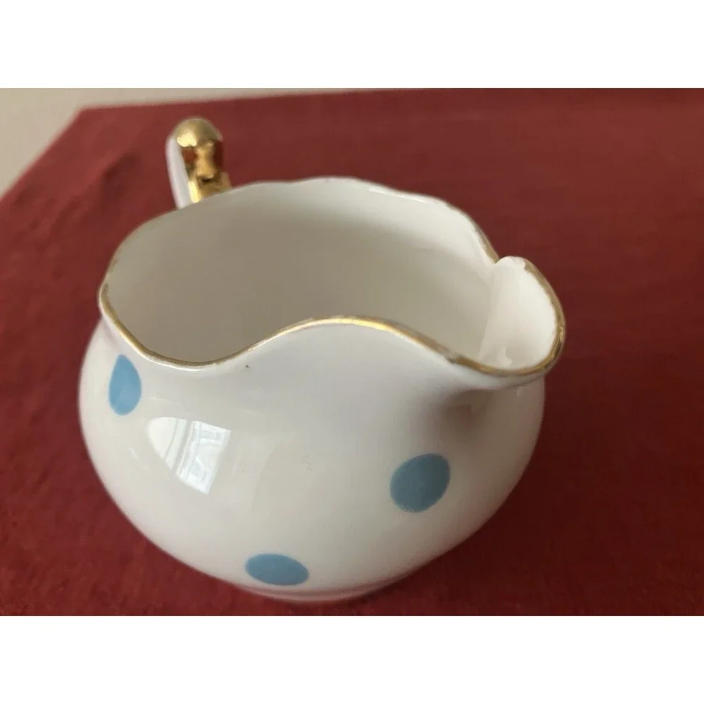 Vintage 1960s Royal Vale Bone China Blue & White Polka Dot Creamer Gold Trim